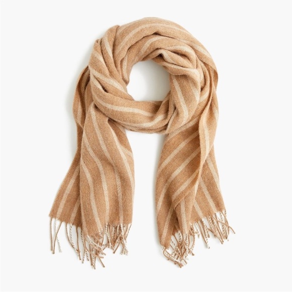 J. Crew NWT 2018 Italian Brushed Wool Scarf Camel Twill Stripe Striped Fringe - Picture 1 of 8